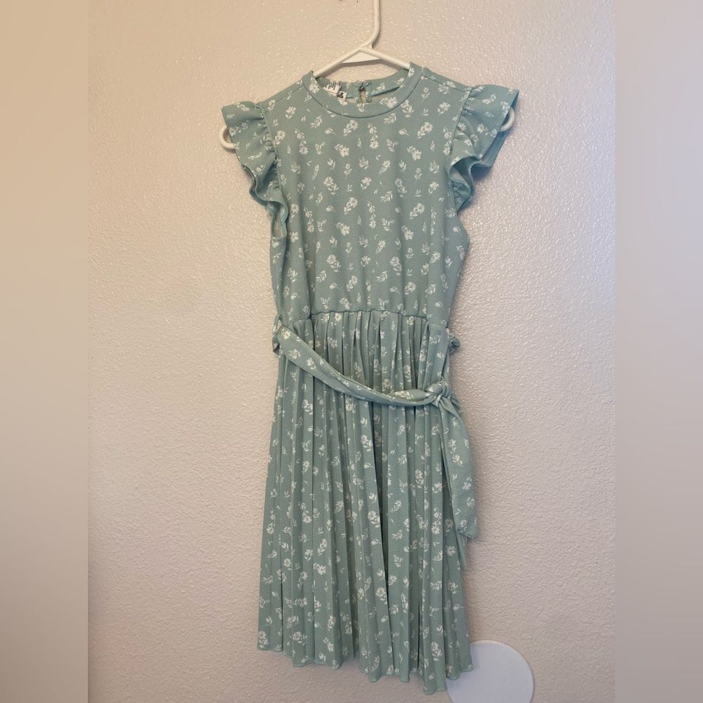 Sage Green spring easter wedding mock neck stretchy pleated belted dress 10